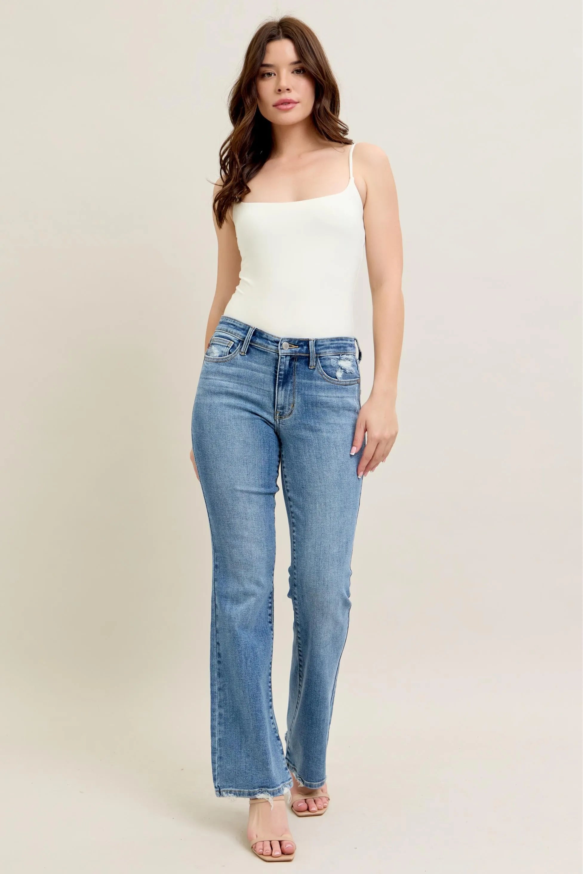 Judy Blue Full Size Mid Rise Wash Destroy Hem Bootcut Jeans Plus