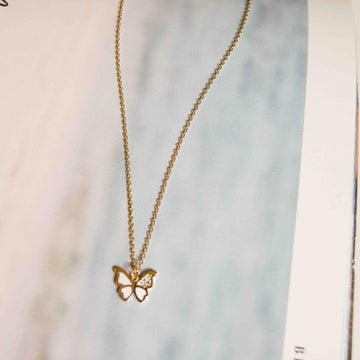 Butterfly Pendant Necklace - Gold/White