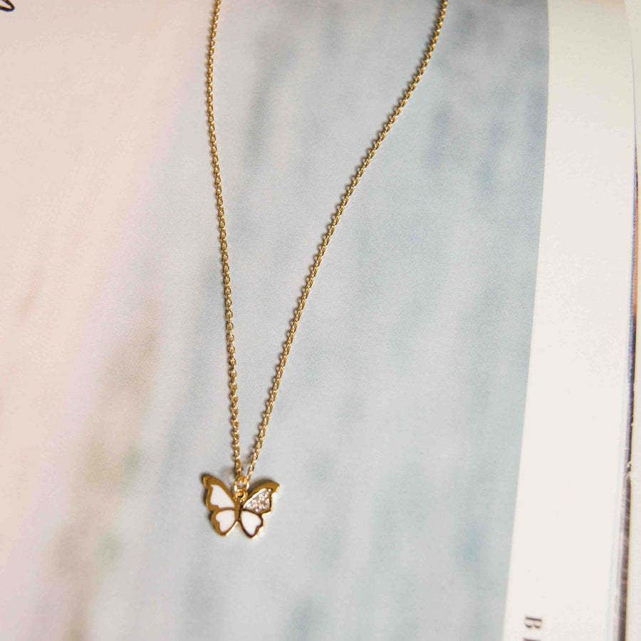 Butterfly Pendant Necklace - Gold/White